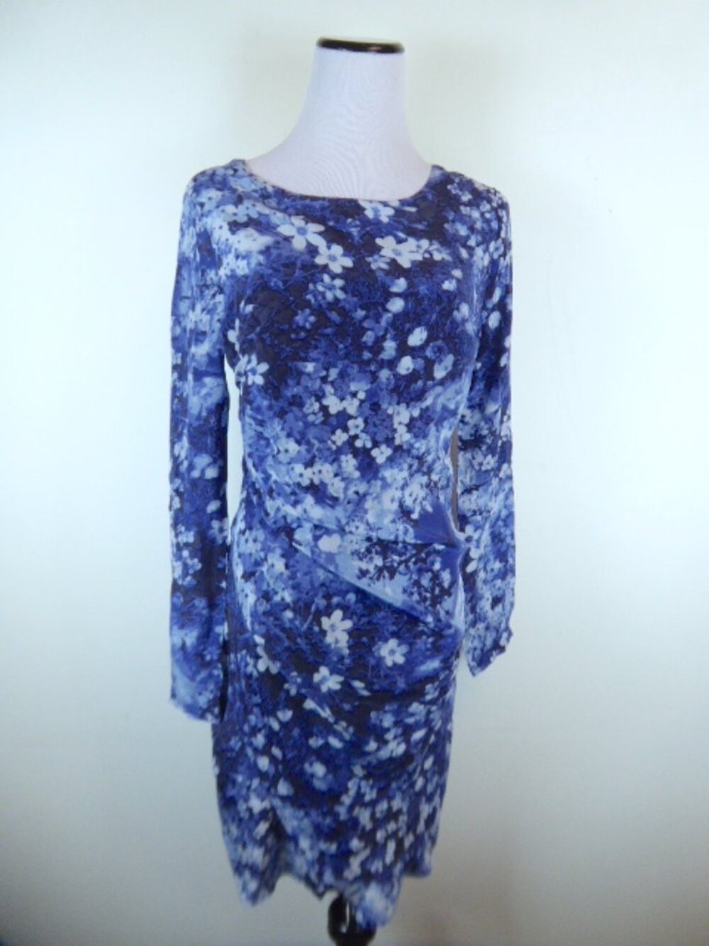 Piperlime Collection blue floral silk dress draped sheath s